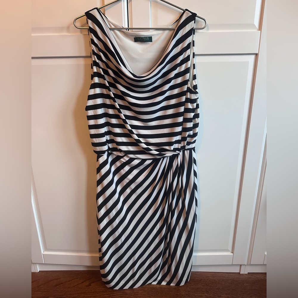 Ralph Lauren Black & White Striped Sleeveless Cowl Neck Dress